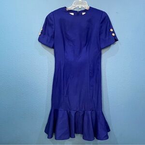 Vintage Oleg Cassini He-Ro Group Blue Polyester Pencil Dress Ruffle Bottom Sz 8